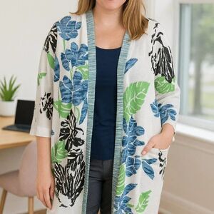 NWT FunSport Floral Cardigan XL Blue Green Open Front Lightweight Spring Resort